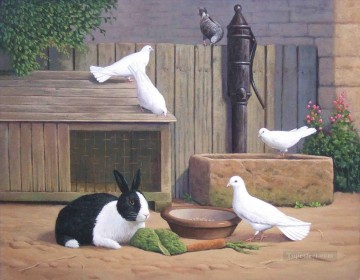 動物 Painting - ウサギとハト